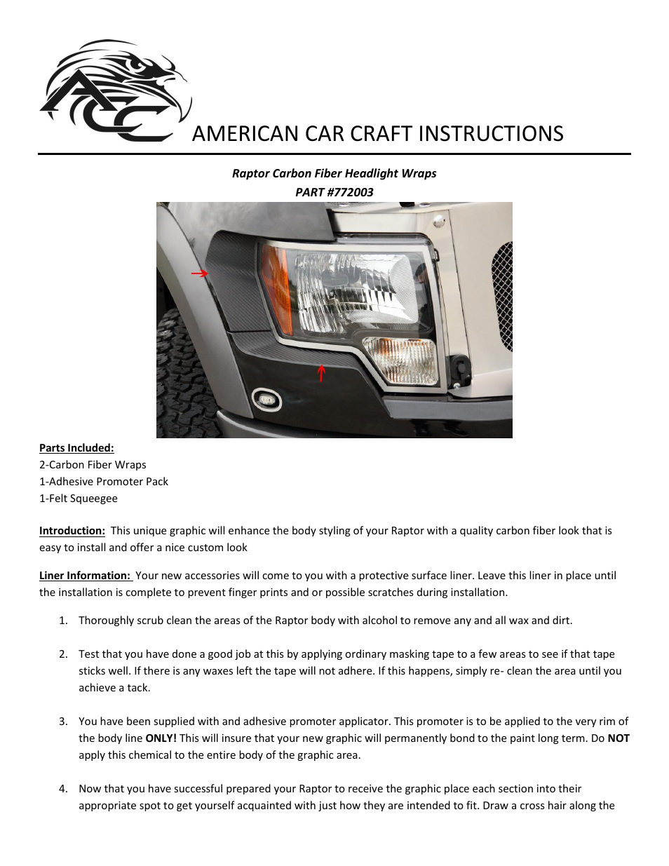 American Car Craft Ford Raptor Headlight Carbon Fiber Wrap 2Pc 2010-2013 User Manual | 2 pages