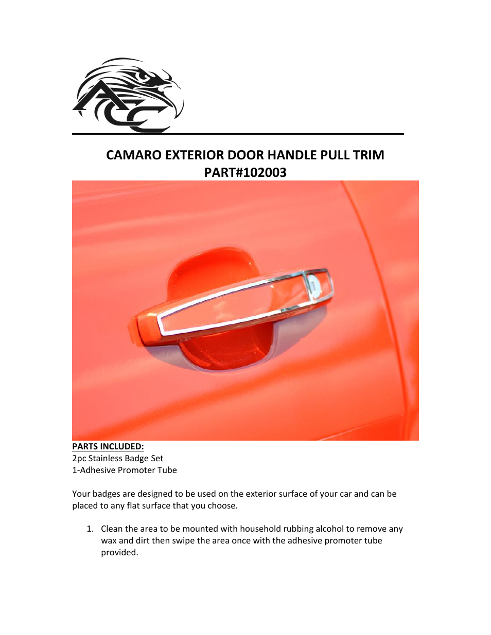 American Car Craft Camaro Door Handle Trim Polished Exterior 2Pc 2010-2013 User Manual | 2 pages