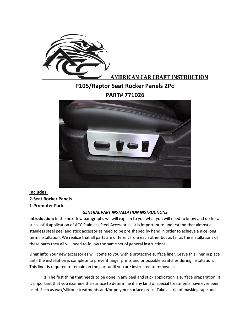 American Car Craft Ford F150_Raptor Seat Rocker Side Panels 2Pc Brushed 2009-2013 User Manual | 2 pages