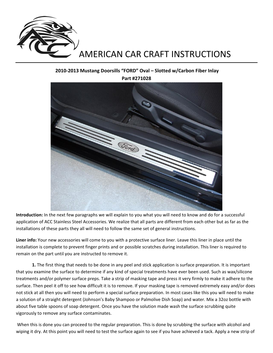 American Car Craft Mustang Doorsills Polished_Brushed Ford Oval - Slotted Carbon Fiber 2Pc Outer 2010-2013 User Manual | 2 pages