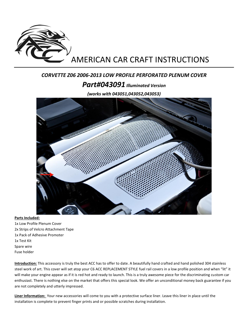 American Car Craft Corvette Plenum Cover Perforated Low Profile Illuminated 2006-2013 Z06 only User Manual | 2 pages