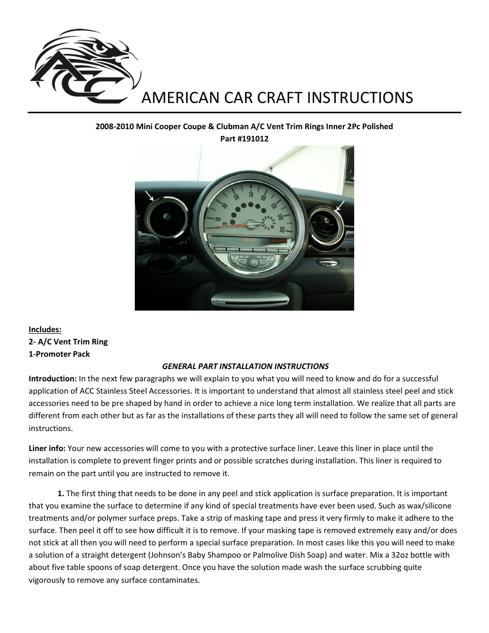 American Car Craft Mini Cooper Coupe & Clubman A_C Vent Trim Rings Inner 2Pc Polished 2008-2010 User Manual | 2 pages