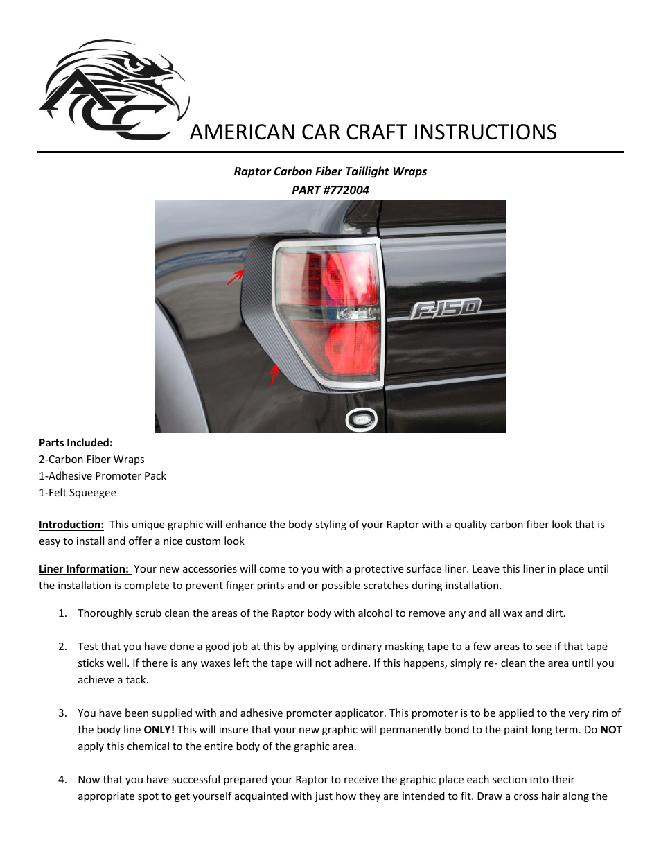 American Car Craft Ford Raptor Taillight Carbon Fiber Wrap 2Pc 2010-2013 User Manual | 2 pages