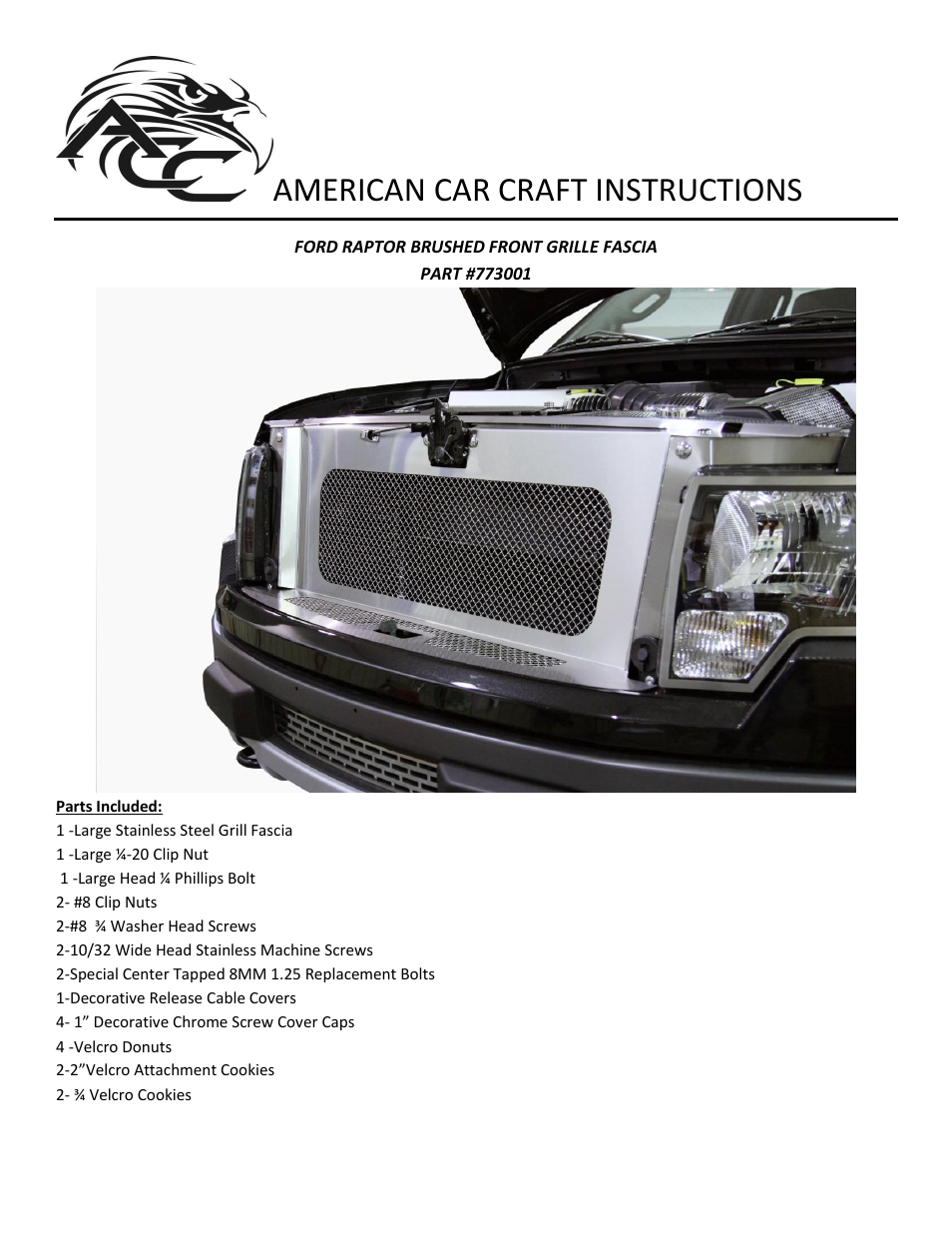 American Car Craft Ford Raptor Grille Fascia Front Brushed 2010-2013 User Manual | 7 pages