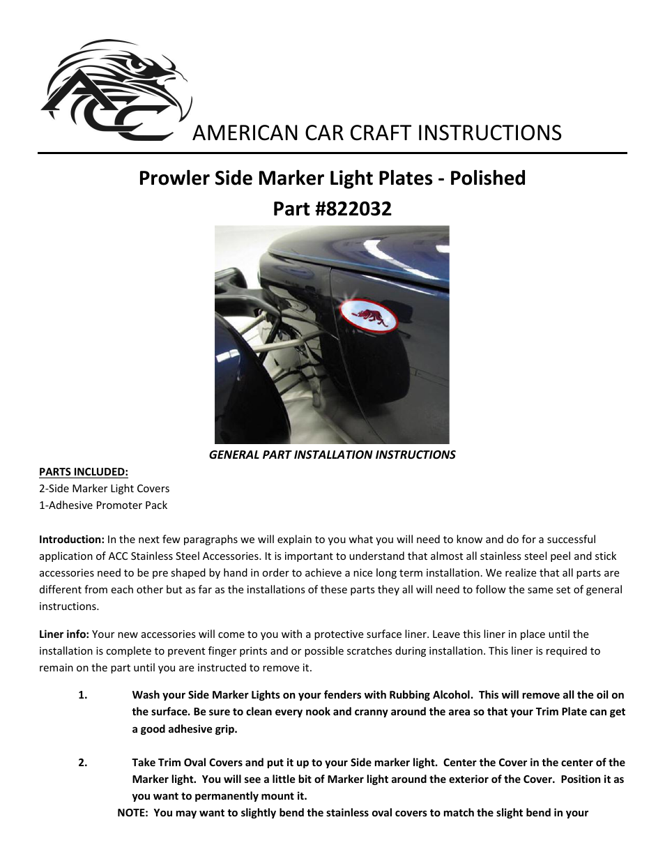 American Car Craft Prowler Side Marker Light Plate with Kat Logo 2Pc Polished 1997-2002 User Manual | 2 pages