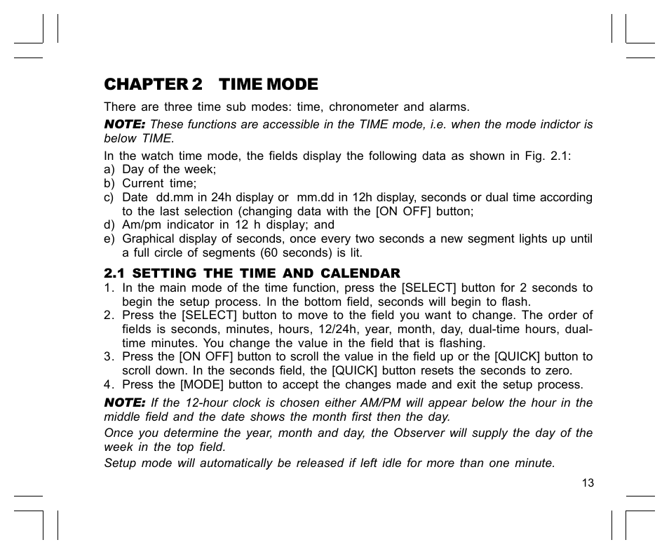Chapter 2 time mode | SUUNTO Observer User Manual | Page 17 / 352