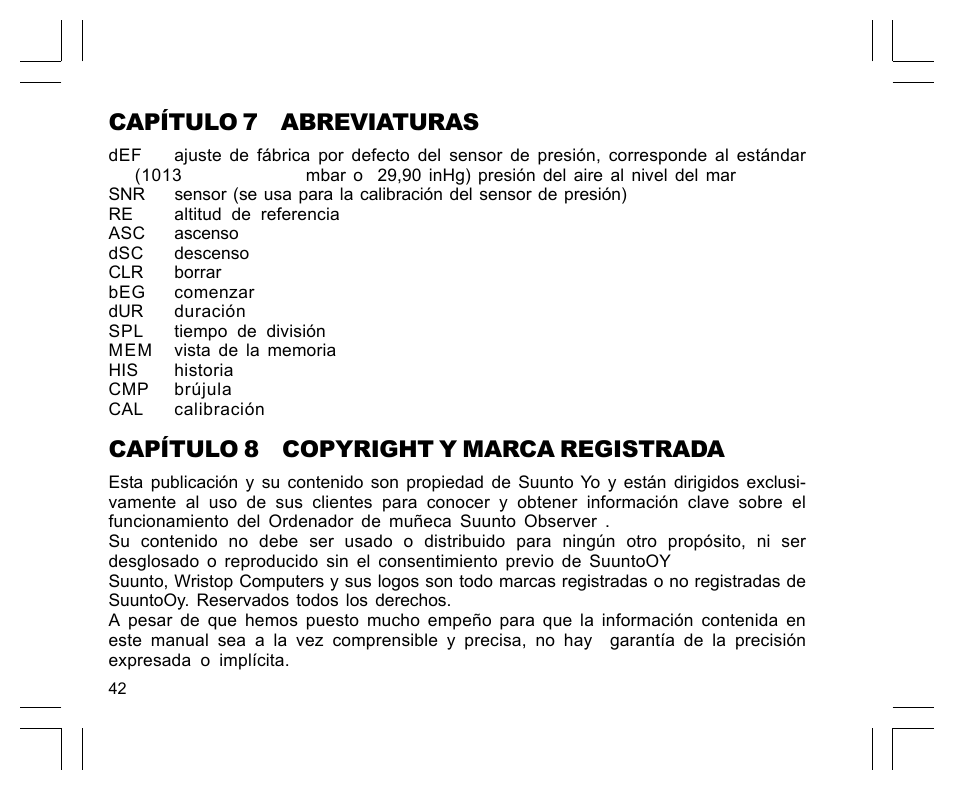 Capítulo 7 abreviaturas, Capítulo 8 copyright y marca registrada | SUUNTO Observer User Manual | Page 174 / 352