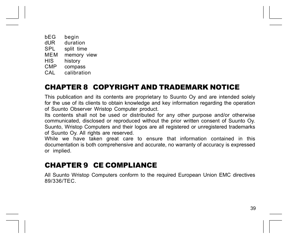 Chapter 8 copyright and trademark notice, Chapter 9 ce compliance | SUUNTO Observer User Manual | Page 43 / 352