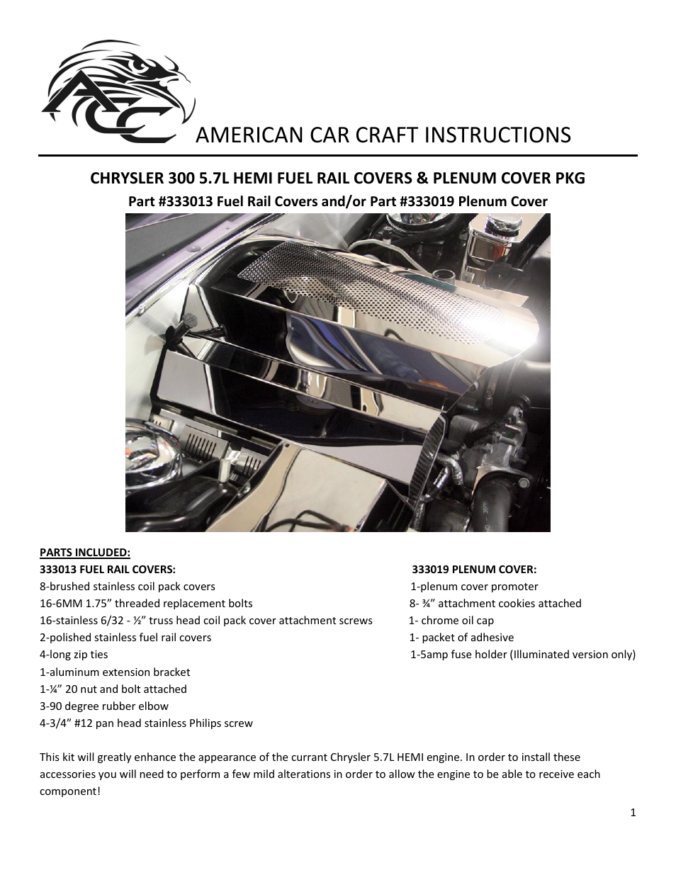 American Car Craft Dodge Charger _ Chrysler 300 5.7L Plenum Cover Perforated 2011-2013 User Manual | 5 pages