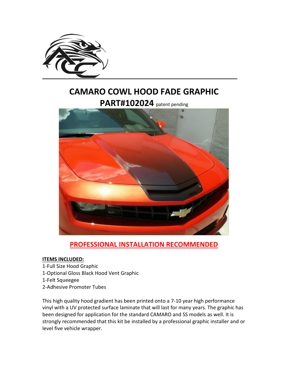 American Car Craft Camaro Cowl Hood Fade Graphic 2010-2013 Black User Manual | 3 pages