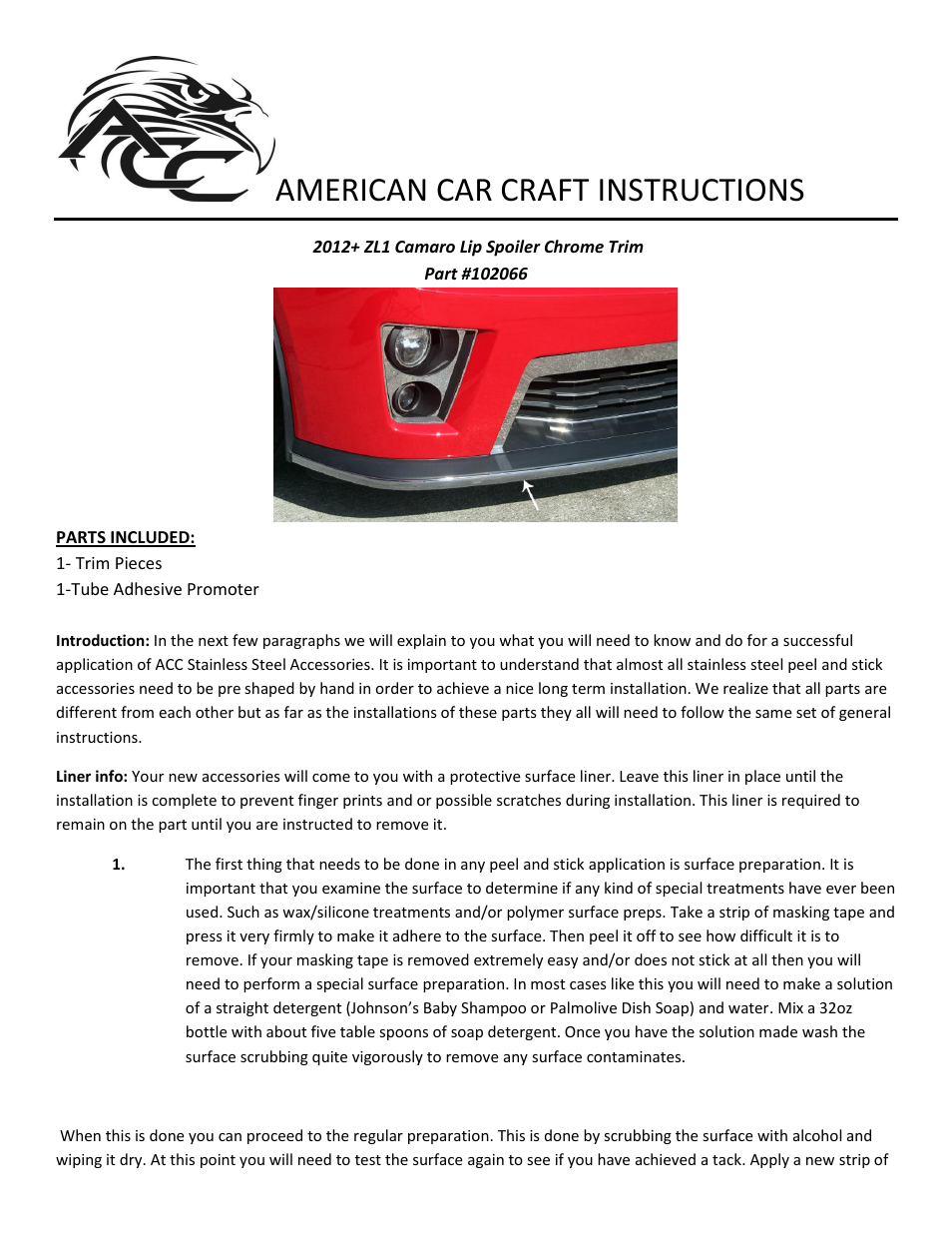 American Car Craft Camaro Front Lip Spoiler Trim Chrome Vinyl 2012-2013 ZL1 only User Manual | 2 pages