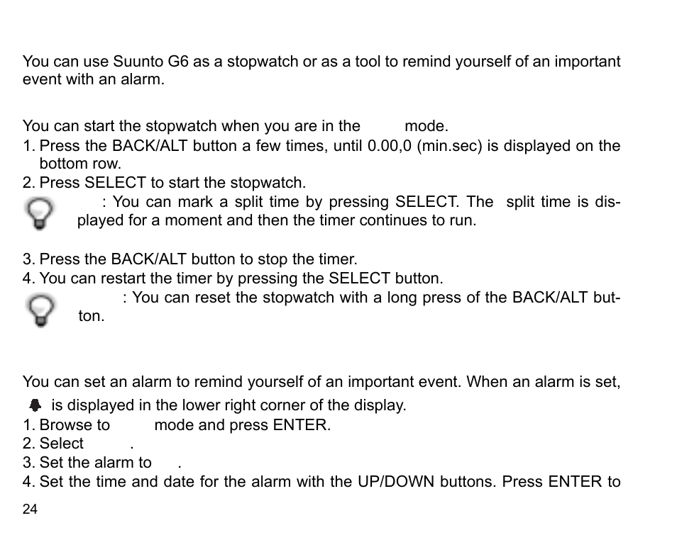 Using stopwatch and setting alarms | SUUNTO G6 & G6 Pro User Manual | Page 25 / 46