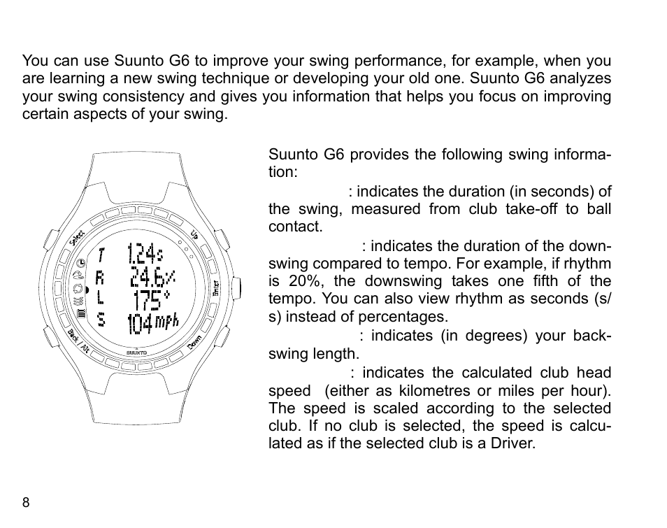 Improving your swing (practice mode) | SUUNTO G6 & G6 Pro User Manual | Page 9 / 46