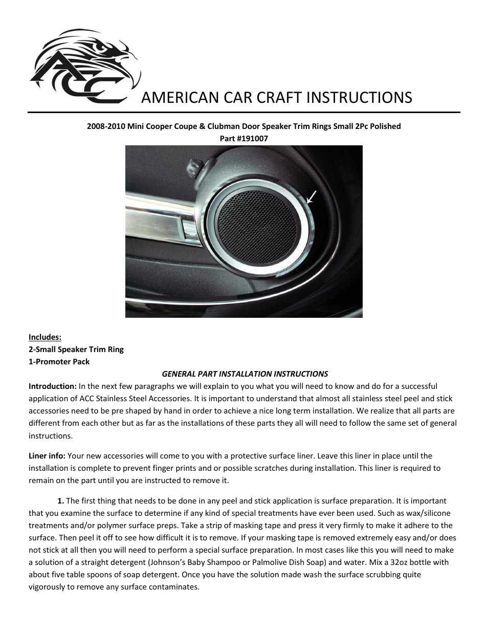 American Car Craft Mini Cooper Coupe & Clubman Door Speaker Trim Rings Small 2Pc Polished 2008-2010 User Manual | 2 pages