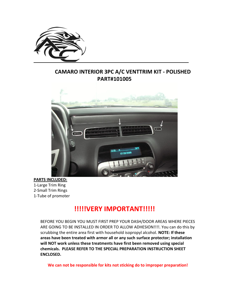 American Car Craft Camaro A_C Vent Trim Polished Center Kit 3Pc 2010-2011 User Manual | 2 pages