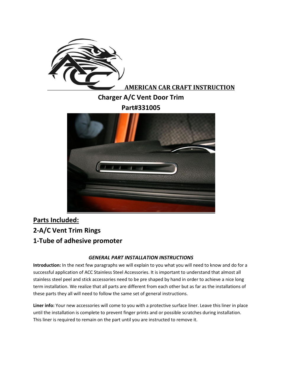 American Car Craft Dodge Charger A_C Vent Door Trim Polished 2Pc 2011-2013 User Manual | 2 pages