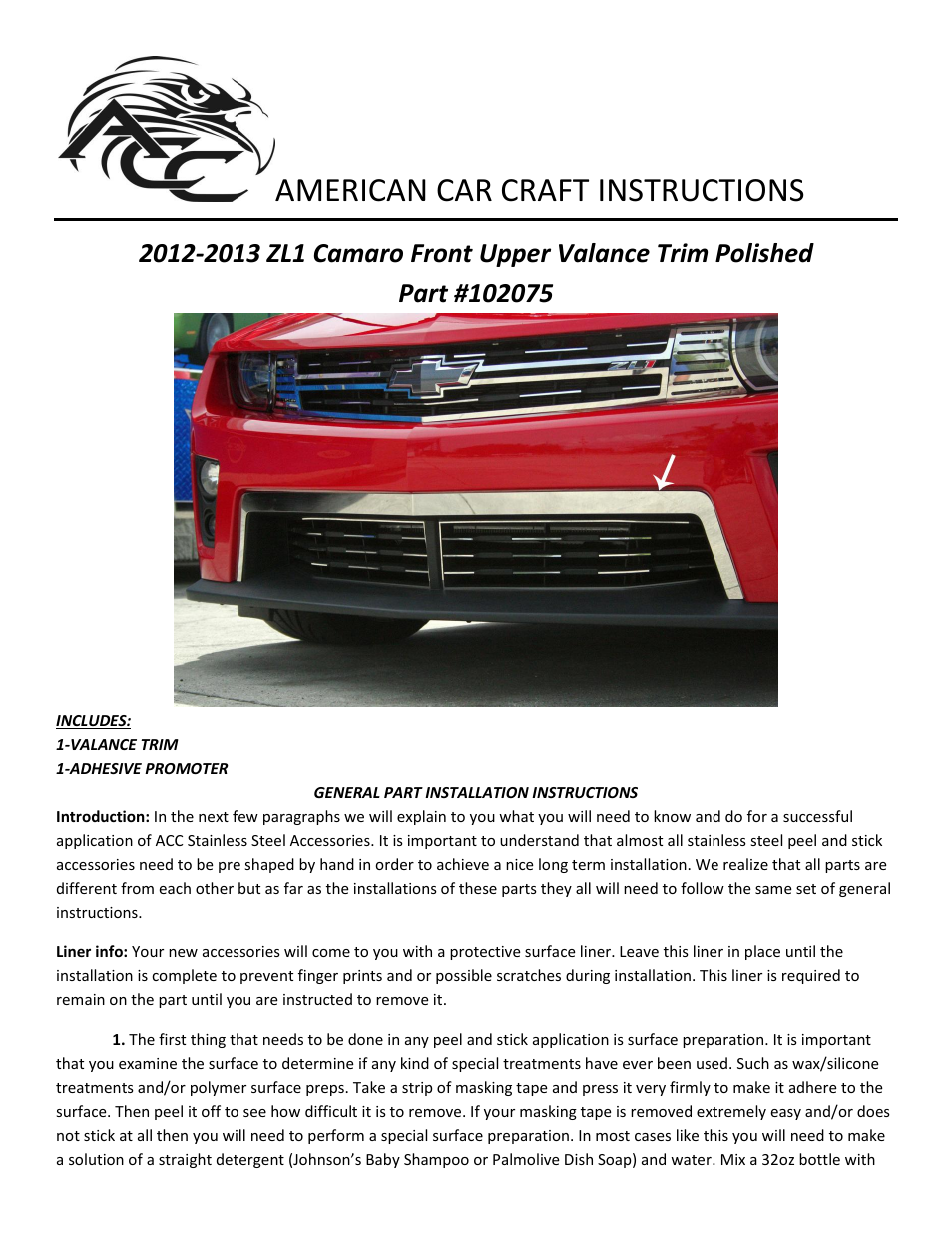 American Car Craft Camaro Front Upper Valance Trim Polished 2012-2013 ZL1 only User Manual | 2 pages