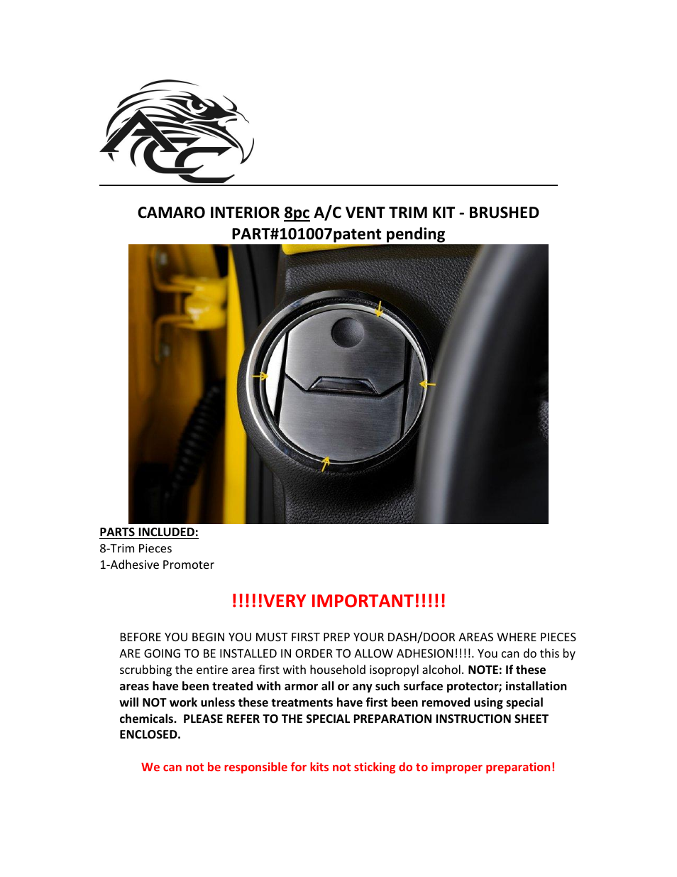American Car Craft Camaro A_C Vent Duct Covers Brushed Round Outer 8Pc 2010-2013 User Manual | 2 pages