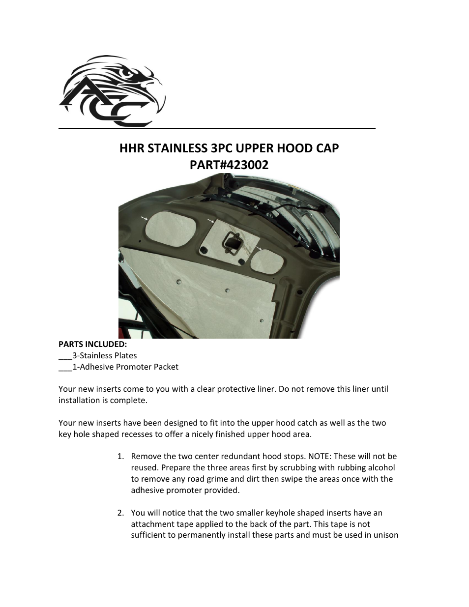 American Car Craft HHR Hood Cap Polished Upper 3Pc 2006-2012 User Manual | 2 pages
