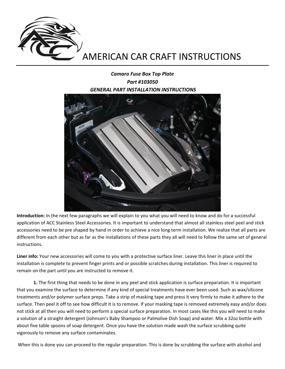 American Car Craft Camaro Fuse Box Top Plate Polished Stand Alone 2010-2013 User Manual | 2 pages