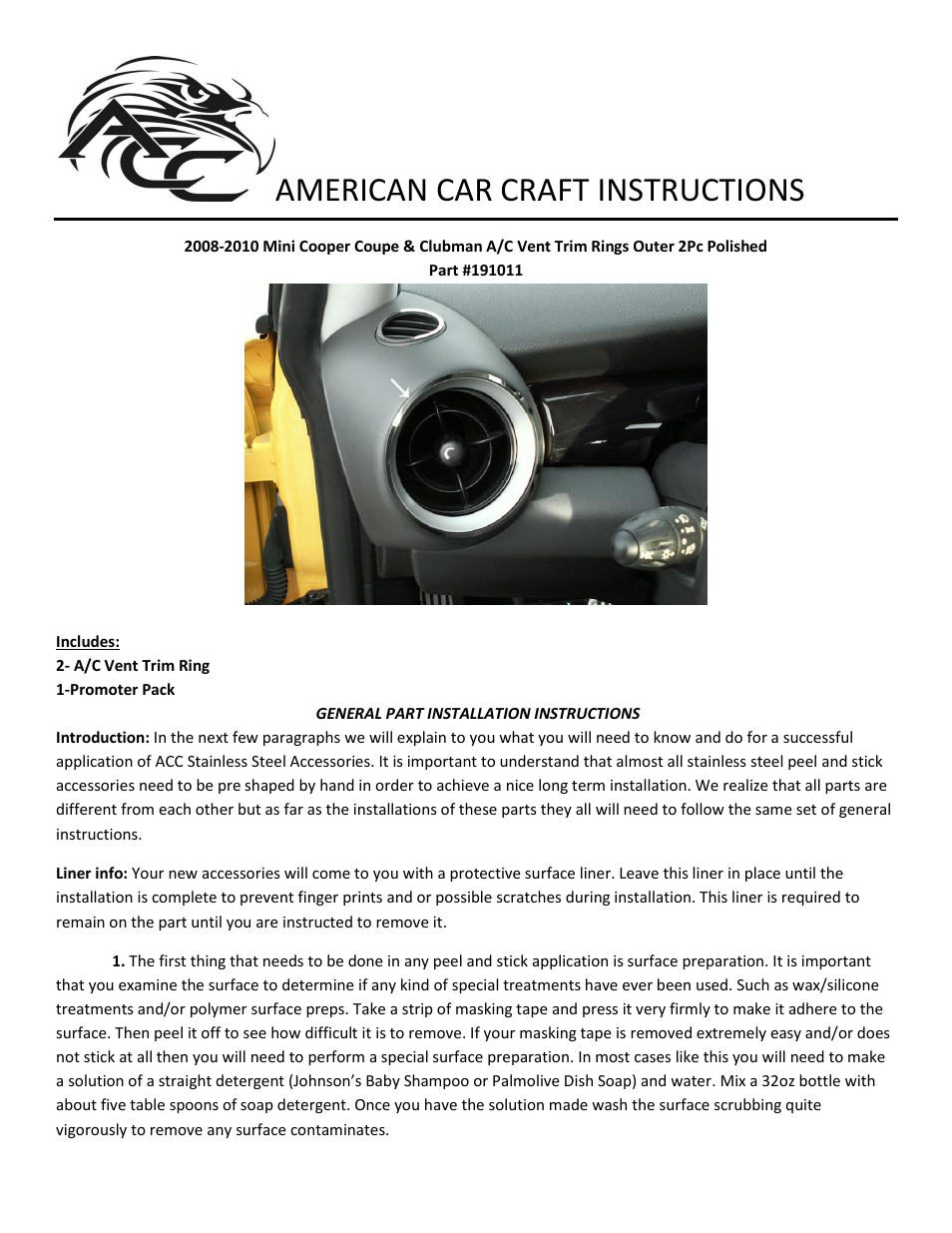 American Car Craft Mini Cooper Coupe & Clubman A_C Vent Trim Rings Outer 2Pc Polished 2008-2010 User Manual | 2 pages