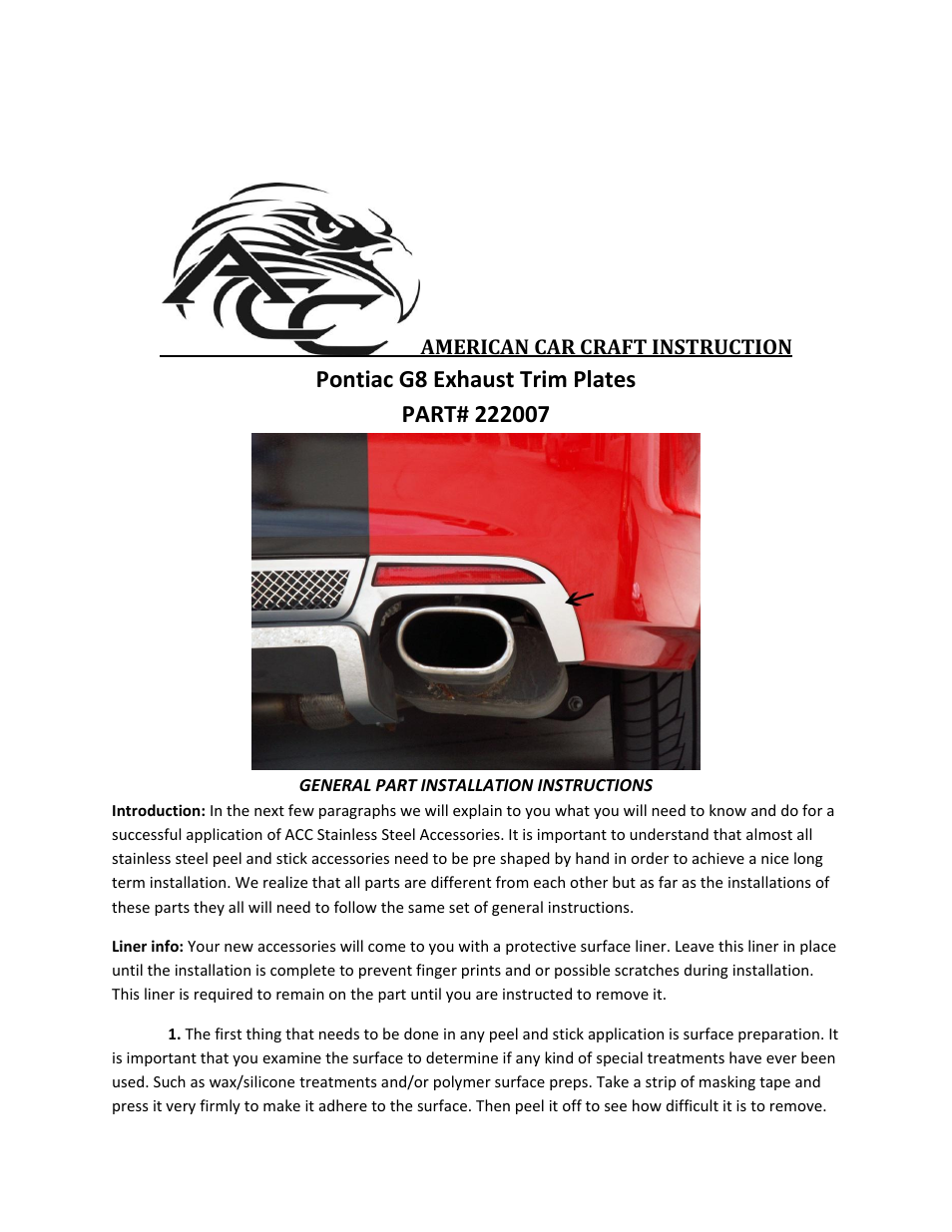 American Car Craft Pontiac G8 Exhaust Trim Plates 2Pc Brushed Base GT GXP 2008-2009 User Manual | 2 pages