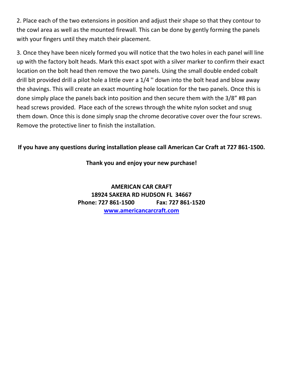 American Car Craft Challenger 5.7L and 6.1L SRT 8 Firewall Extensions Polished 2Pc 2008-2011 User Manual | Page 2 / 2