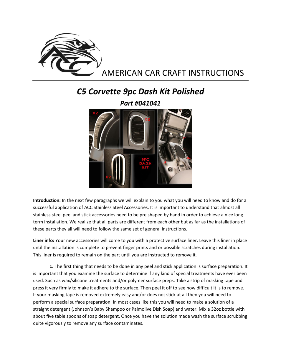 American Car Craft Corvette Dash Kit 9Pc 2005-2013 C6 User Manual | 2 pages
