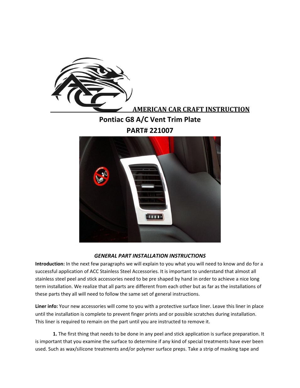 American Car Craft Pontiac G8 A_C Door Vent Trim Plates 2Pc GT Brushed_Polished 2008-2009 User Manual | 2 pages