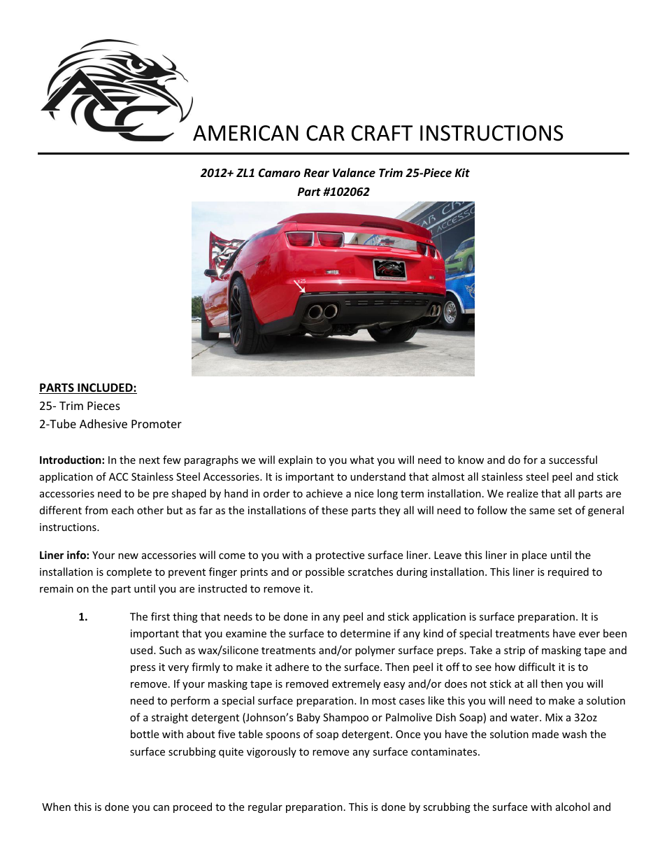 American Car Craft Camaro Rear Valance Trim Kit 25Pc Polished 2012-2013 ZL1 only User Manual | 2 pages