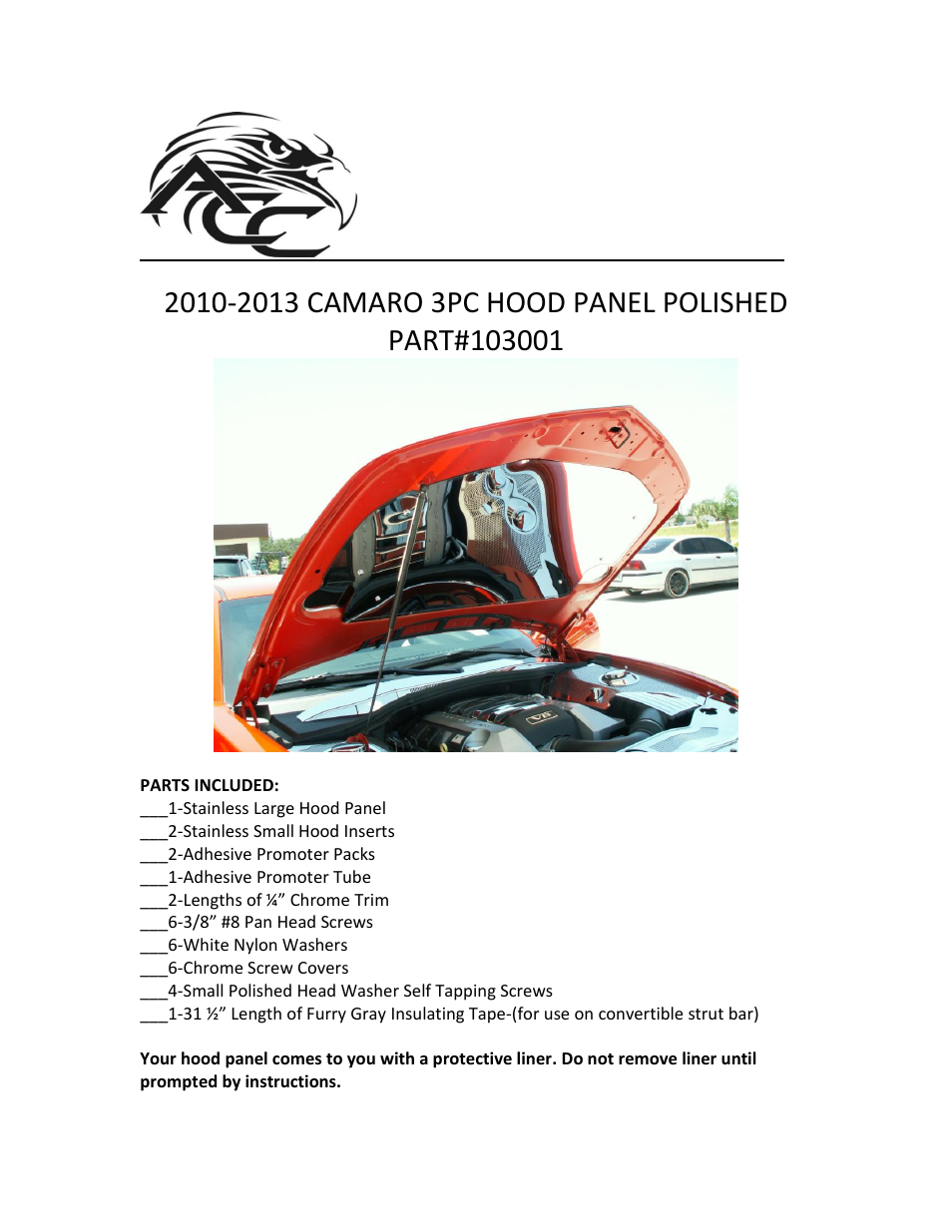 American Car Craft Camaro Hood Panel Set Polished 3Pc 2010-2013 User Manual | 4 pages
