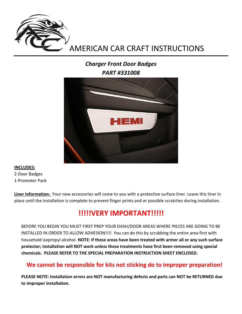 American Car Craft Dodge Charger _ Chrysler 300 Door Badges with HEMI Carbon Fiber inaly 2Pc Front Brushed 2011-2013 User Manual | 2 pages