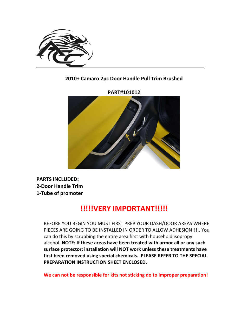 American Car Craft Camaro Door Handle Pull Trim Brushed Interior 2Pc 2010-2012 User Manual | 2 pages