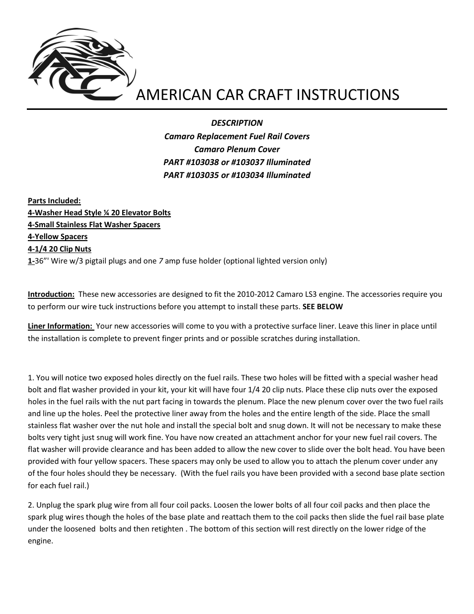 American Car Craft Camaro Fuel Rail Covers Perforated "SS Style 2010-2012" User Manual | 3 pages
