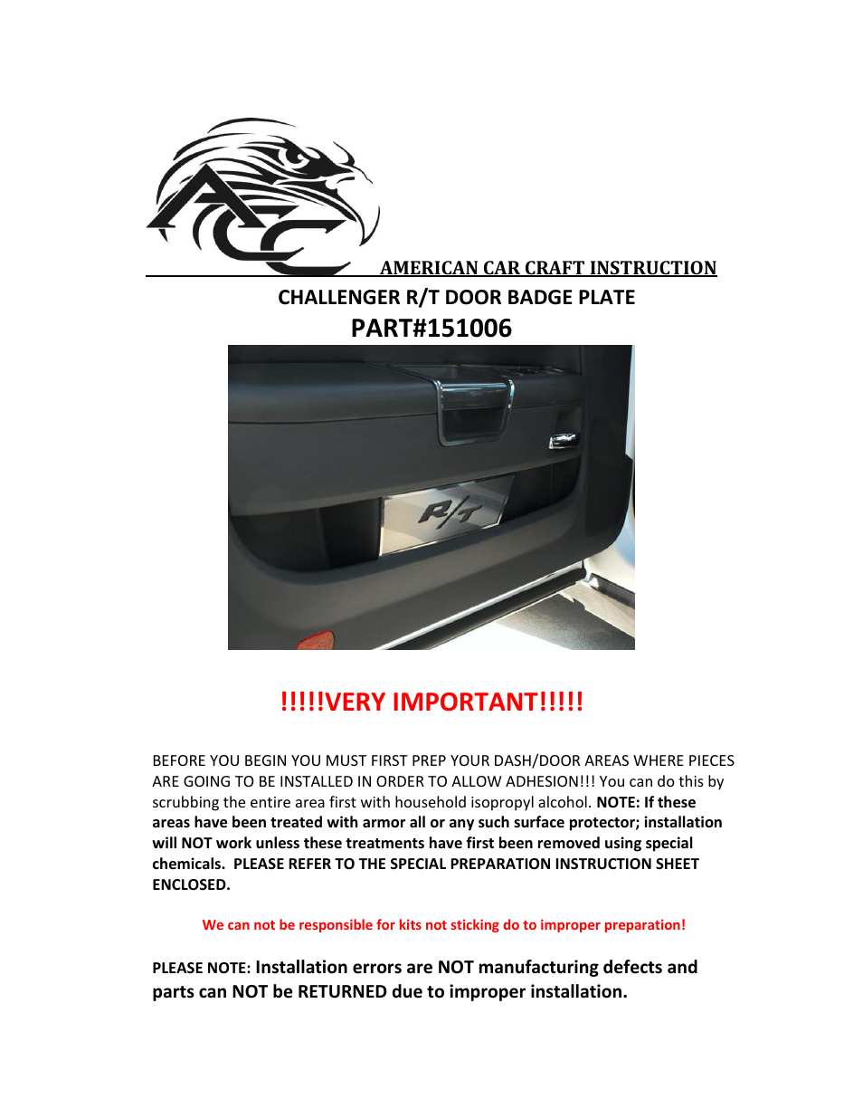 American Car Craft Challenger Door Badge Plate with "R_T cut-out Brushed 2008-2013" User Manual | 2 pages