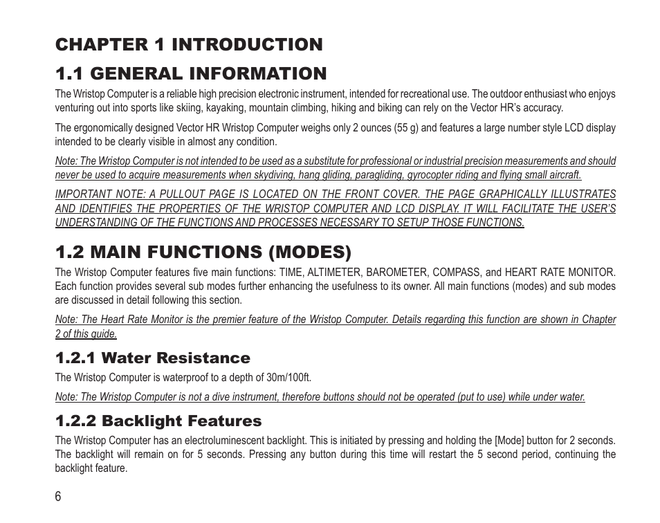 Chapter 1 introduction 1.1 general information, 2 main functions (modes), 1 water resistance | 2 backlight features | SUUNTO Vector HR User Manual | Page 13 / 61