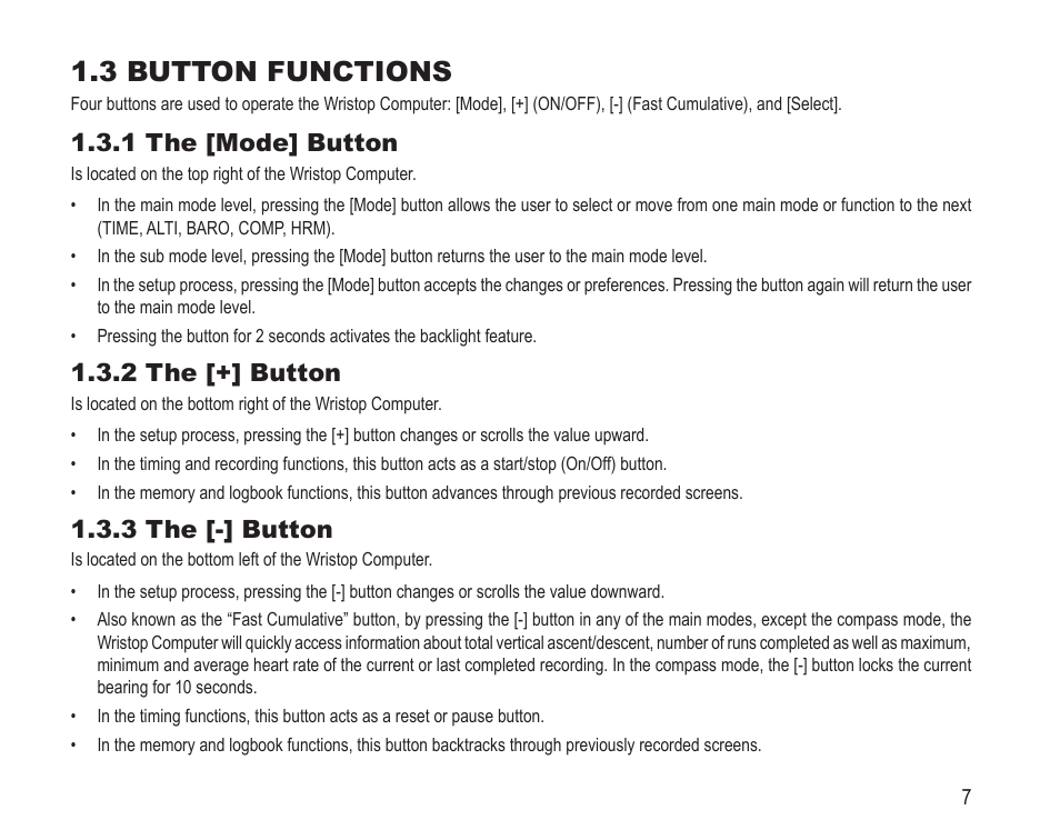 3 button functions, 1 the [mode] button, 2 the [+] button | 3 the [-] button | SUUNTO Vector HR User Manual | Page 14 / 61