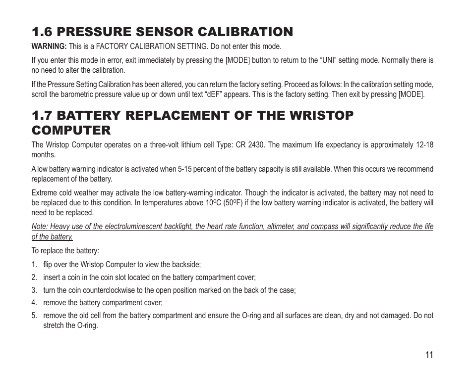 6 pressure sensor calibration, 7 battery replacement of the wristop computer | SUUNTO Vector HR User Manual | Page 18 / 61