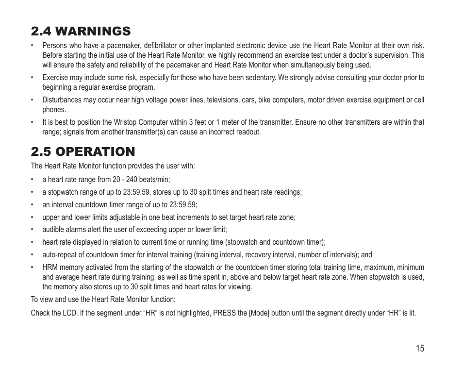 4 warnings, 5 operation | SUUNTO Vector HR User Manual | Page 22 / 61
