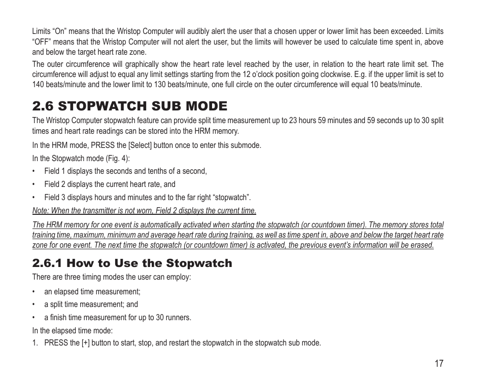 6 stopwatch sub mode, 1 how to use the stopwatch | SUUNTO Vector HR User Manual | Page 24 / 61