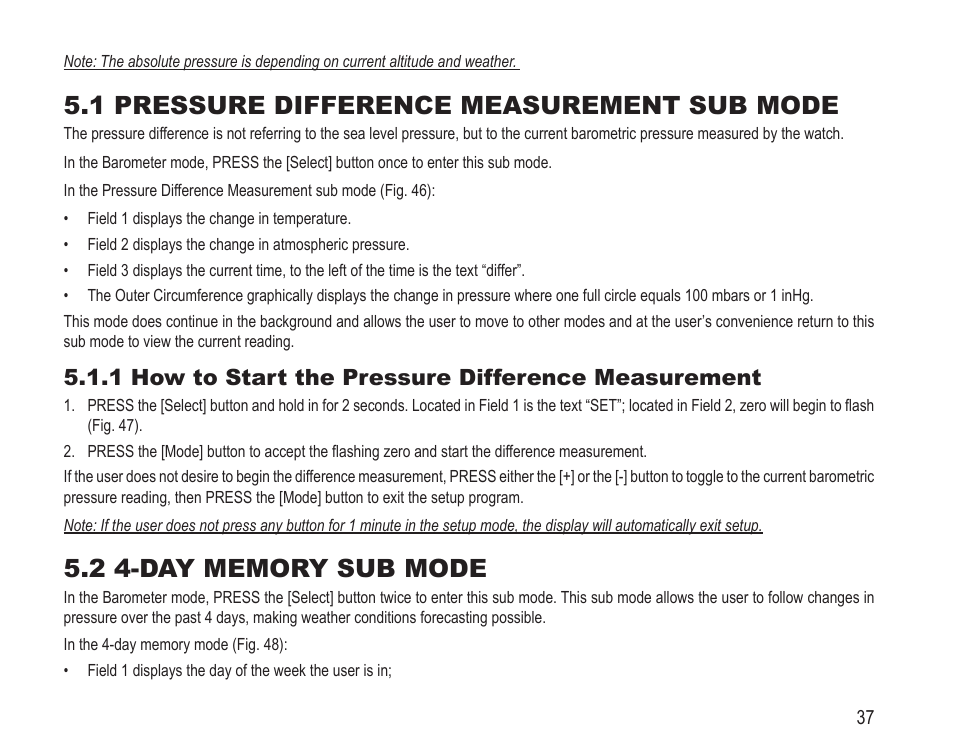 1 pressure difference measurement sub mode, 1 how to start the pressure difference measurement | SUUNTO Vector HR User Manual | Page 44 / 61