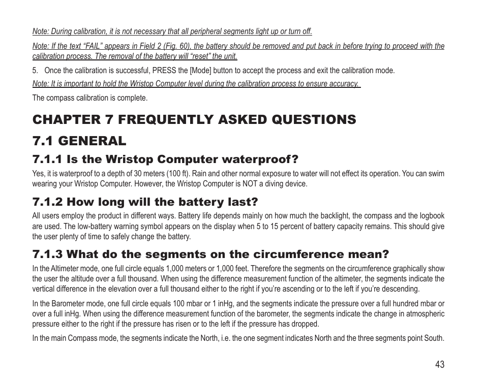 Chapter 7 frequently asked questions 7.1 general, 1 is the wristop computer waterproof, 2 how long will the battery last | 3 what do the segments on the circumference mean | SUUNTO Vector HR User Manual | Page 50 / 61