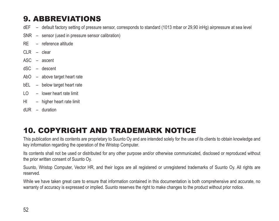 Abbreviations, Copyright and trademark notice | SUUNTO Vector HR User Manual | Page 59 / 61