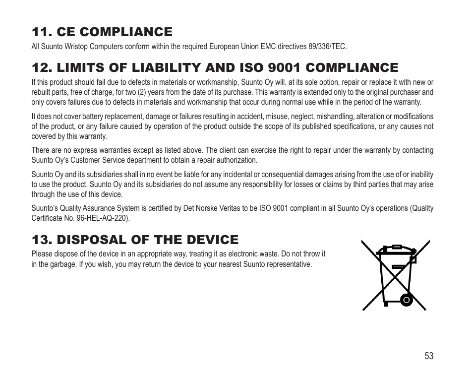 Ce compliance, Limits of liability and iso 9001 compliance, Disposal of the device | SUUNTO Vector HR User Manual | Page 60 / 61