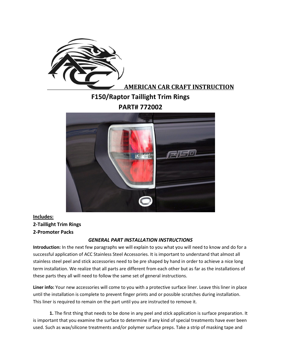 American Car Craft Ford F150_Raptor Rear Taillight Trim Rings Brushed 2Pc 2009-2013 User Manual | 2 pages