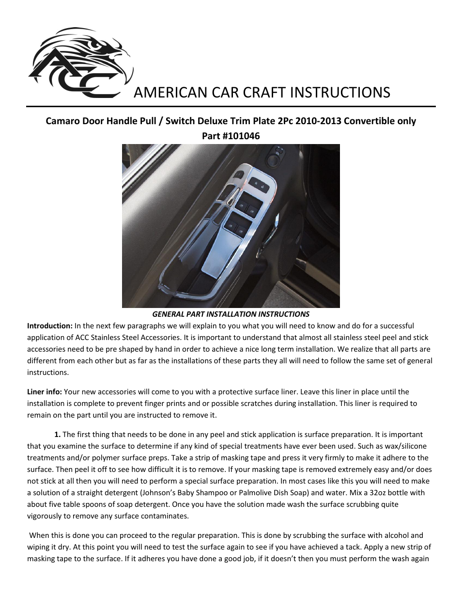 American Car Craft Camaro Door Handle Pull _ Switch Deluxe Trim Plate 2Pc 2011-2013 RS Convertible only User Manual | 2 pages