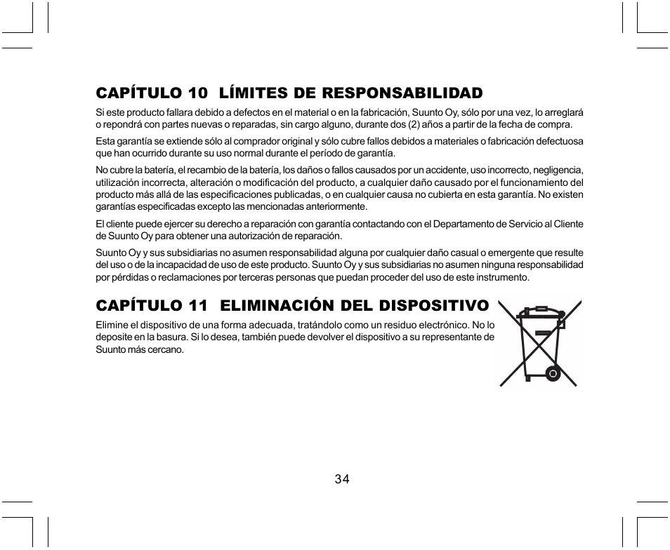 Capítulo 10 límites de responsabilidad, Capítulo 11 eliminación del dispositivo | SUUNTO Yachtsman User Manual | Page 136 / 270