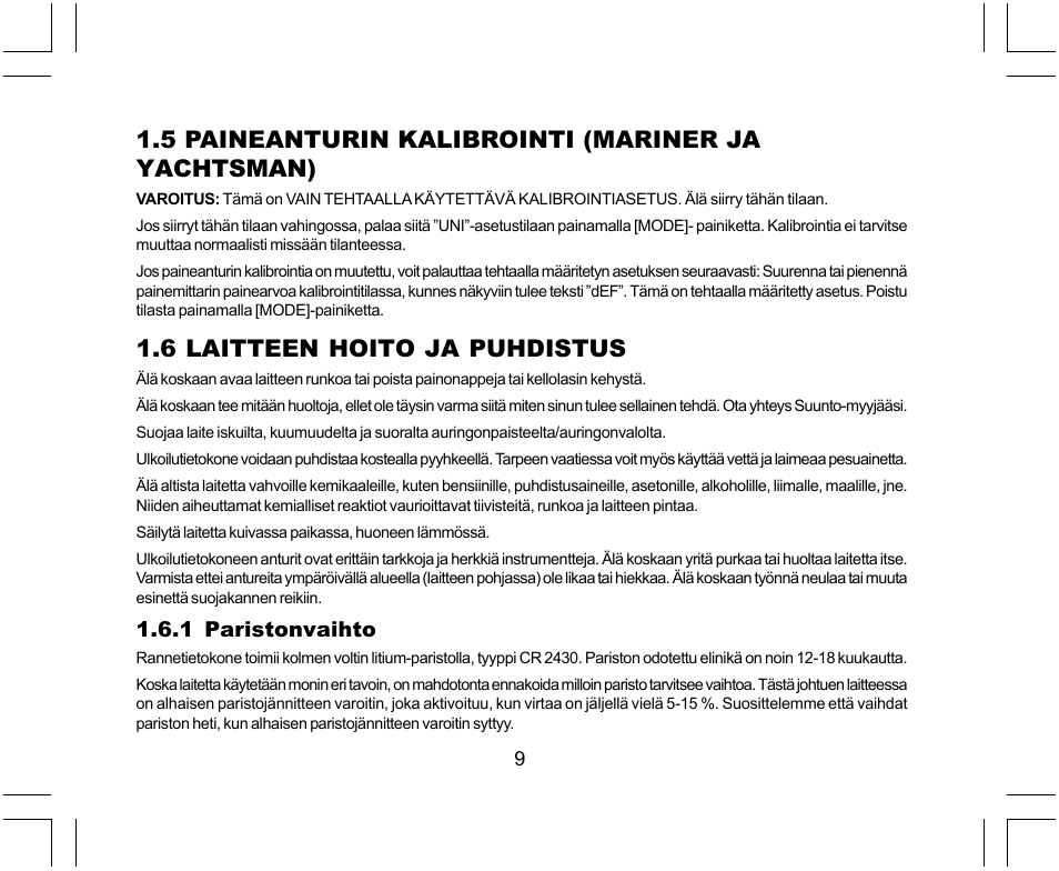 5 paineanturin kalibrointi (mariner ja yachtsman), 6 laitteen hoito ja puhdistus | SUUNTO Yachtsman User Manual | Page 213 / 270