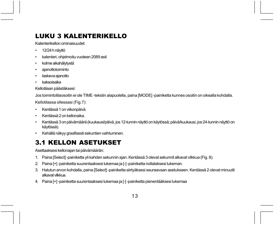 Luku 3 kalenterikello, 1 kellon asetukset | SUUNTO Yachtsman User Manual | Page 217 / 270