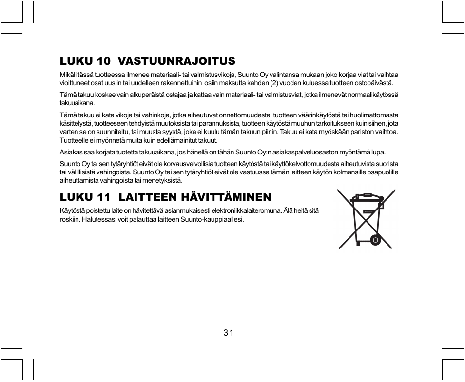 Luku 10 vastuunrajoitus, Luku 11 laitteen hävittäminen | SUUNTO Yachtsman User Manual | Page 235 / 270